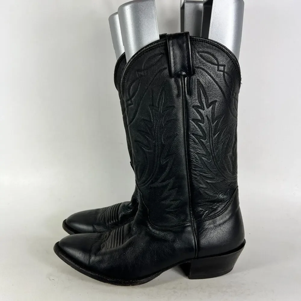 Nocona Cowboy Boots Men's 8 Black Leather Embroidery Stitch Mid-Calf Western